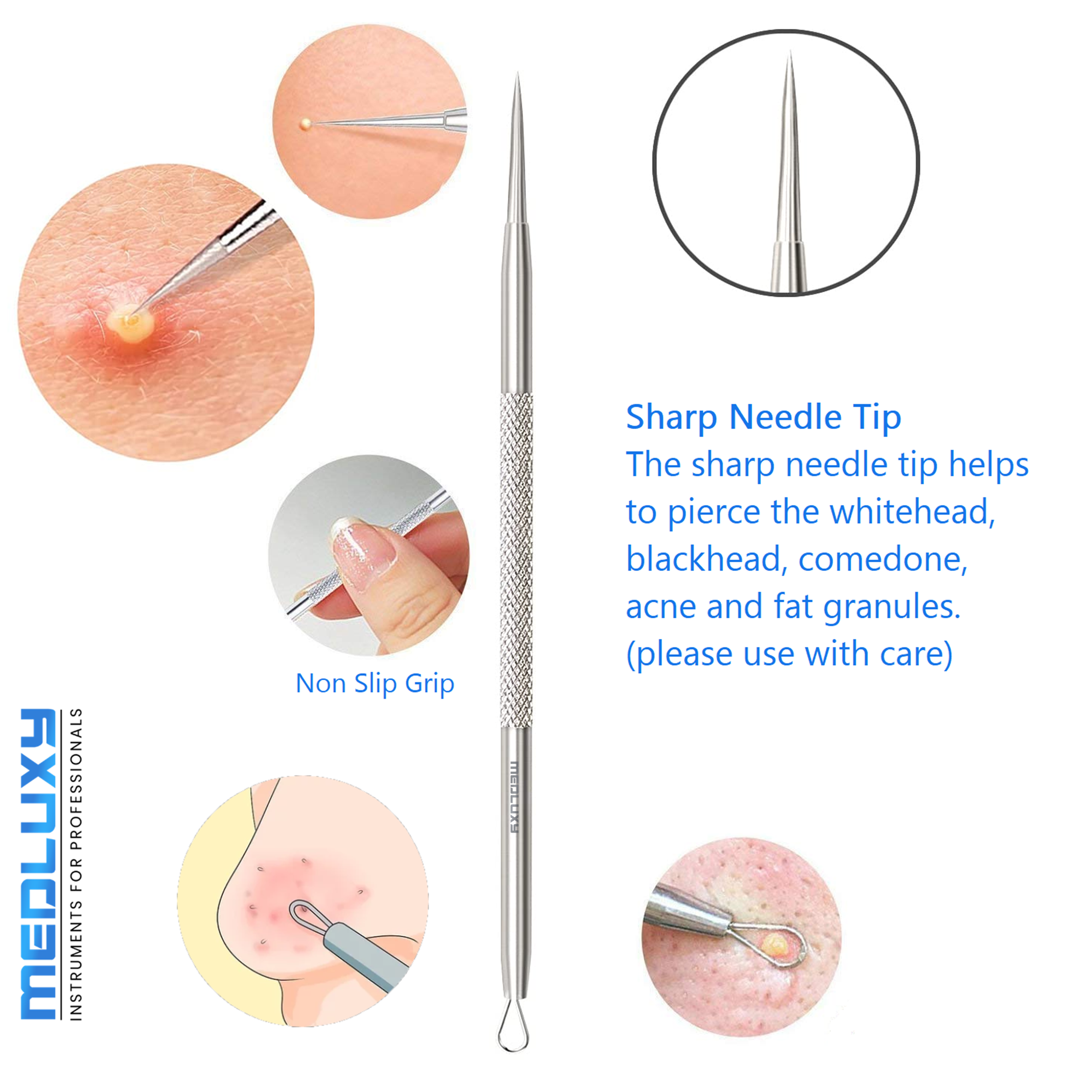 Medluxy - Comedonendrukker met Naald - Dubbelzijdig - Lus en Naald - 13 cm